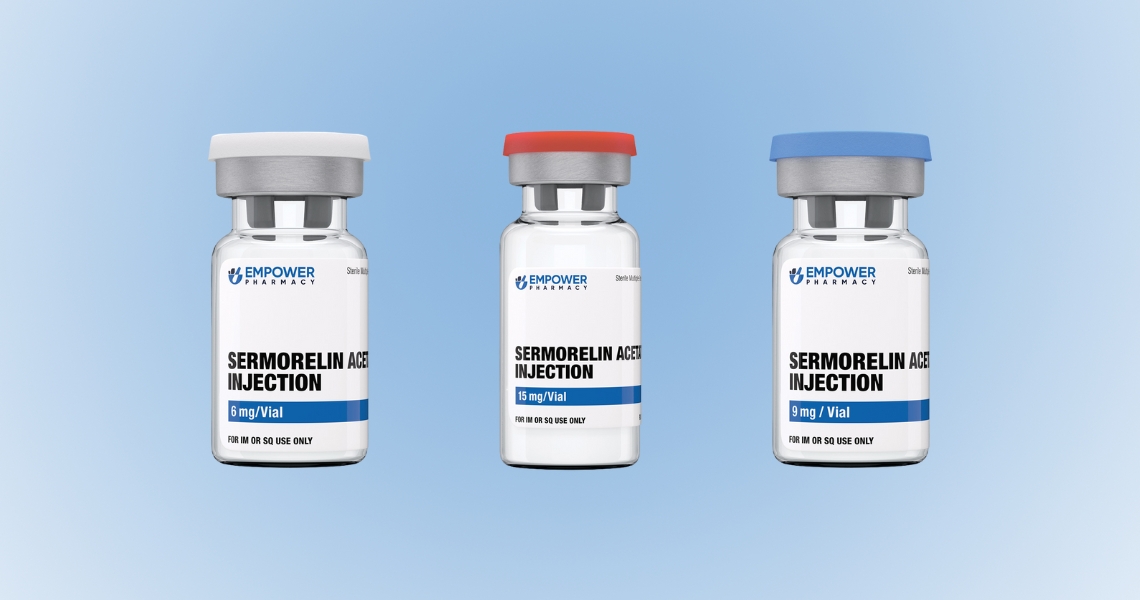 3 vials of Empower Pharmacy's Semorelin Acetate Injection in a horizontal row.