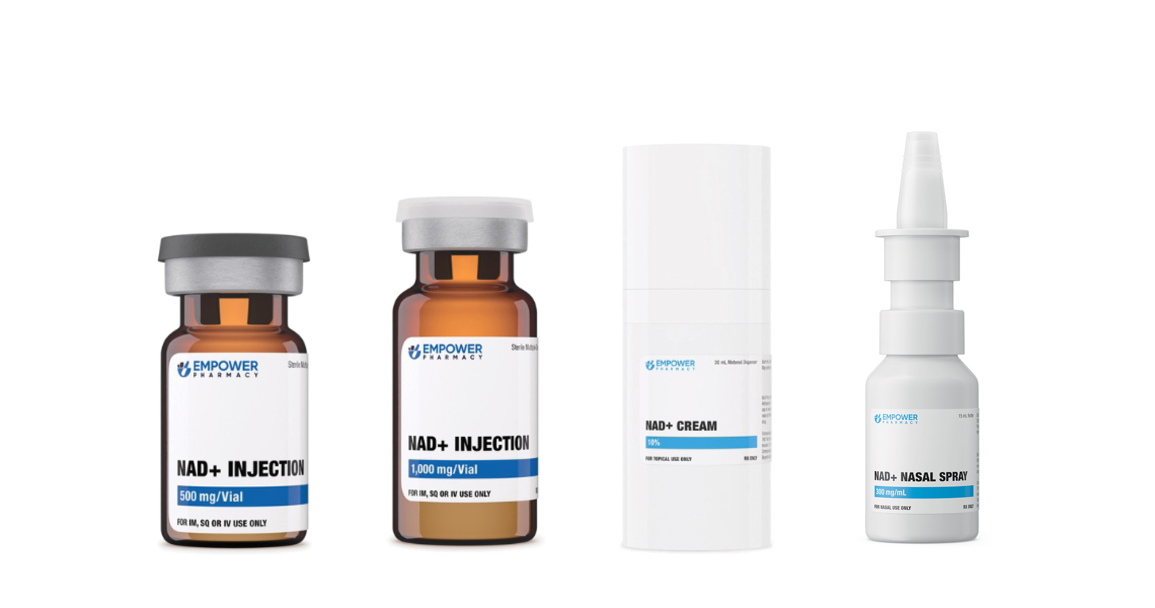 Four of Empower Pharmacy's NAD products lined up in a horizontal row.